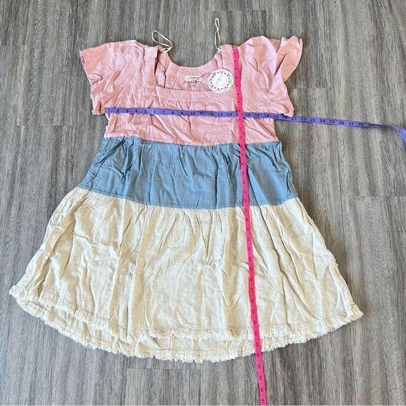 🆕 Umgee Linen Blend Colorblock Square Neckline Short Sleeve Dress Frayed Hem - Picture 6 of 6